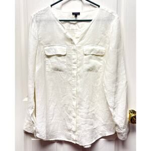 Talbots Blouse White 100% Linen Tab Sleeves Henley Women’s Size M Machine Wash